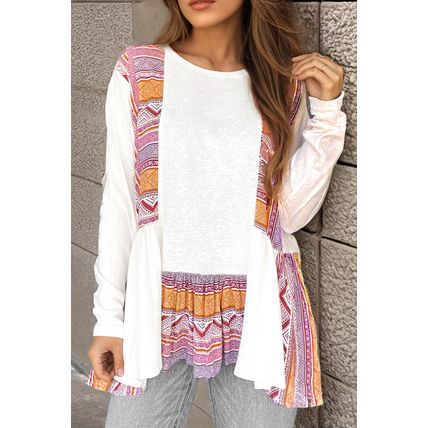 White Western Aztec Print Patchwork Ruffled Tunic Long Sleeve Babydoll Top