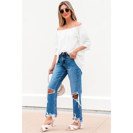 White Frilly Off Shoulder Lace Insert Sleeve Textured Blouse