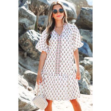 Pink Floral Print Bubble Sleeve Neck Tie Ruffled Dress