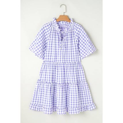 Lavendula Plaid Ruffle Wide Short Sleeve Babydoll Mini Dress