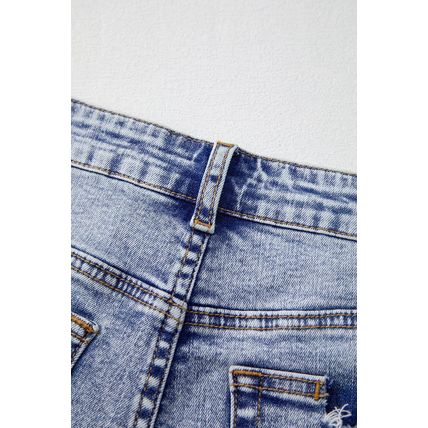 Beau Blue Pearl Studded Pockets Raw Hem Denim Shorts