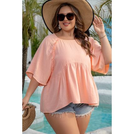 Apricot Pink Plus Size Textured Wide Short Sleeve Babydoll Blouse