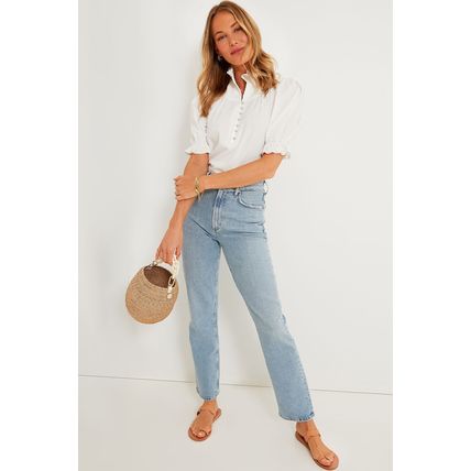 White Frilled Edge Half Button Stand Neck Bubble Sleeve Blouse