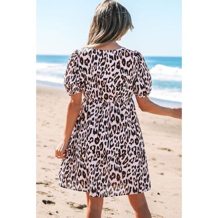 Brown Leopard Tied Front Keyhole Puff Short Sleeve Mini Dress
