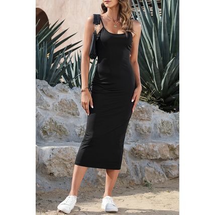 Black Spaghetti Straps Bodycon Midi Dress