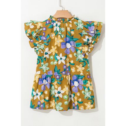 Yellow Floral Print Tiered Flutter Sleeve V Neck Top