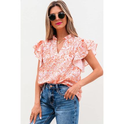 Orange Floral Ruffle Sleeve Split Neck Blouse