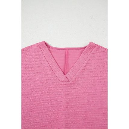 Pink Textured V Neck T Shirt and Shorts Set