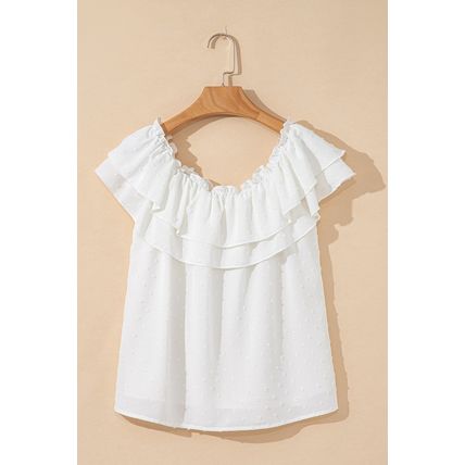 White Off Shoulder Ruffle Knotted Detail Swiss Dot Blouse