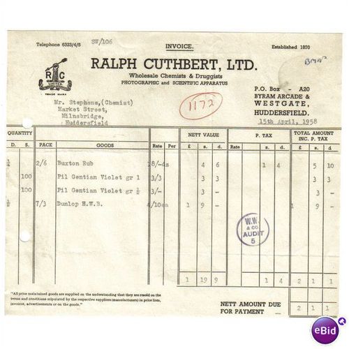 1958 RALPH CUTHBERT LTD "CHEMISTS" HUDDERSFIELD 15AP58