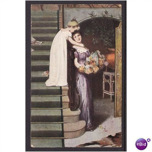 TWO GIRLS SHOWING DRESS FASHION STUDIO COLOUR PHOTO POST CARD USED