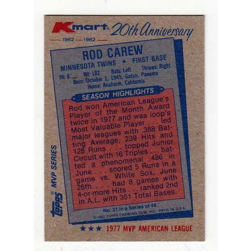 1982 Kmart Rod Carew baseball card #31 -NM- Twins- Oddball