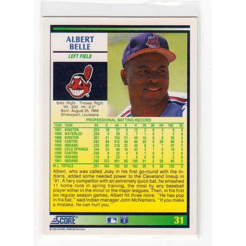 1992 Score Albert Belle baseball card #31 –Indians
