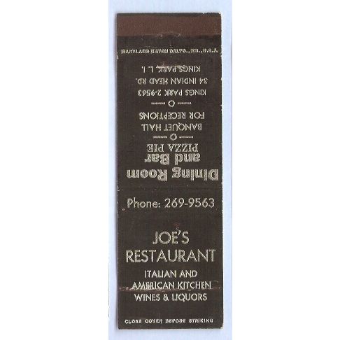 New York Kings Park Matchcover Joe's Restaurant, Dining Room and Bar, Pizz~186