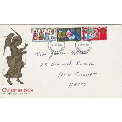 GB 1969 Christmas GPO FDC Hounslow pm hole punched for folder