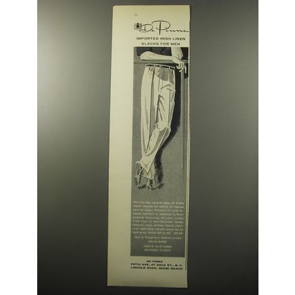 1955 De Pinna Heller Slacks Ad - Imported irish linen slacks for men