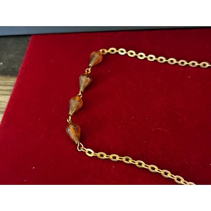 Vintage Gold-Tone Chain Necklace with Amber Beads and Y-Style Design, 32 Inches