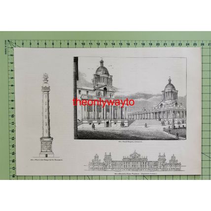 Royal Hospital, Greenwich, Blenheim Oxford & Monument, Book Illustration, 1850