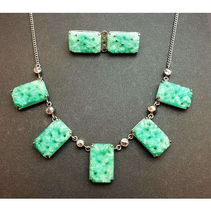 Vintage 1930s Art Deco Czech Green Peking Glass Necklace & Brooch Jewellery Set