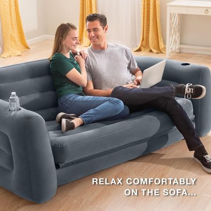 Intex Inflatable Pull-Out Sofa: Velvety Surface, 2-In-1 Valve, Cupholder, 46" X