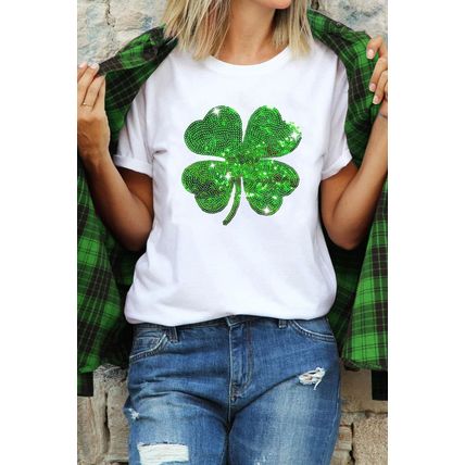 White Sequin Clover Patch Graphic St Patrick Fashion Tee