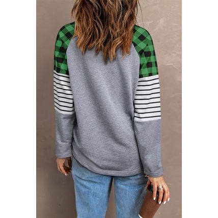 Green Lucky Plaid Heart Striped Color Block Long Sleeve Top