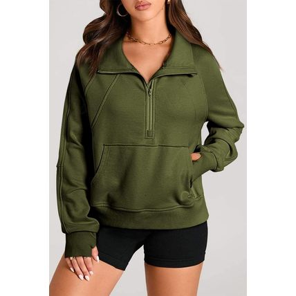 Moss Green Quarter Zip Stand Neck Kangaroo Pocket Sweatshirt