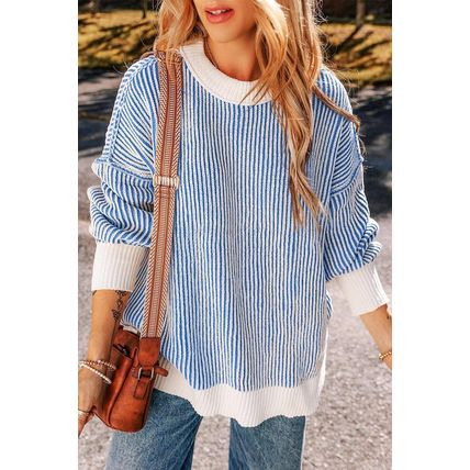 Dark Blue Striped Textured Knit Contrast Edge Loose Sweater