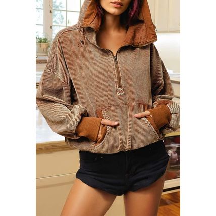 Chestnut Half Zipper Kangaroo Pocket Drawstring Corduroy Hoodie