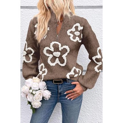 Parchment Contrast Flower Half Zipper Stand Neck Sweater