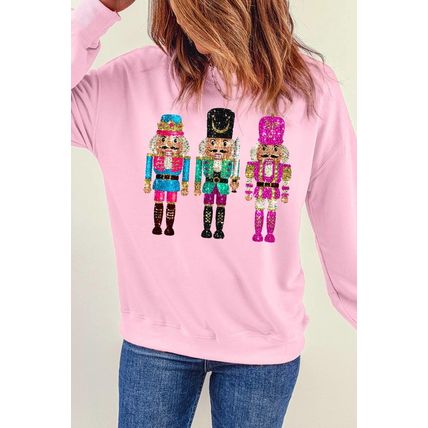 Pink Cute Nutcracker Printed Drop Shoulder Christmas Sweatshirt