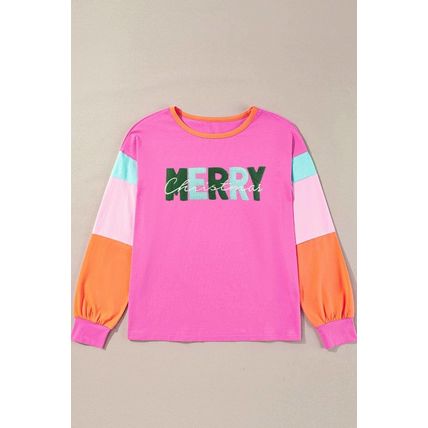Rose Red Chenille MERRY Christmas Patched Colorblock Long Sleeve Top