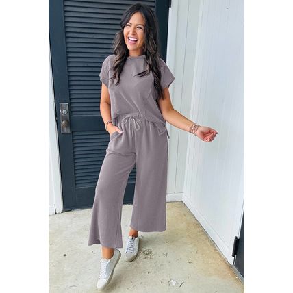 Wild Wind Solid Corded Knit Short Sleeve T Shirt and Wide Leg Pants Set