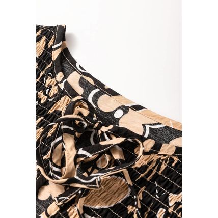 Black Floral Shirred Yoke Bracelet Sleeve Split Neck Boho Blouse