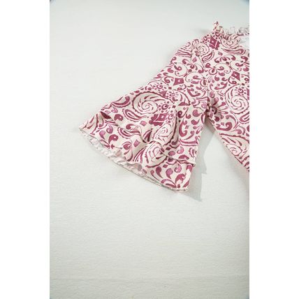 Pink Paisley Print Tiered 3/4 Sleeve Notched Neck Mini Dress
