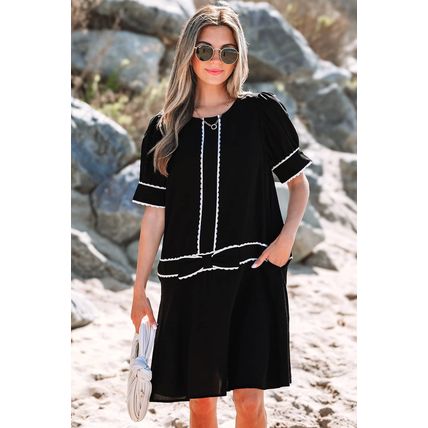 Black Contrast Scallop Trim Bow Detail Half Sleeve Shift Dress