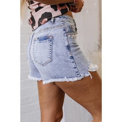 Beau Blue Pearl Studded Pockets Raw Hem Denim Shorts