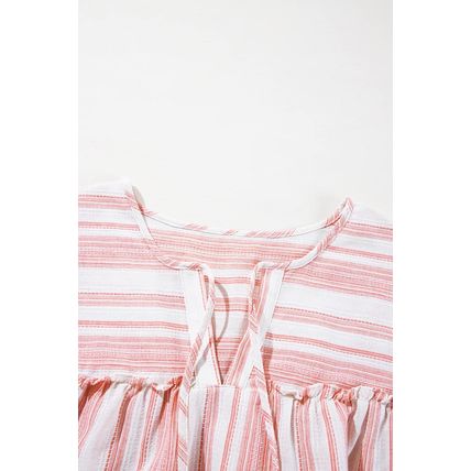 Pink Stripe Plus Size Tassel Tie Frilled Detail Short Sleeve Blouse
