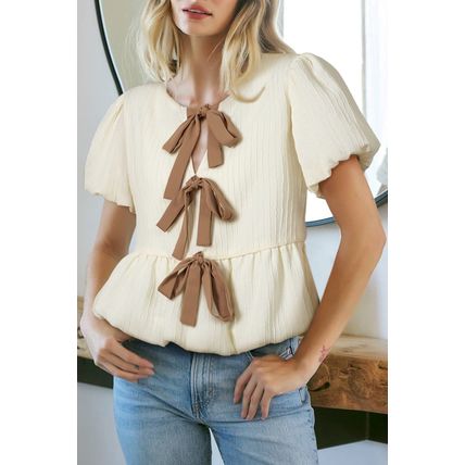 White Textured Bow Ties Front Bubble Hem Puff Short Sleeve Blouse