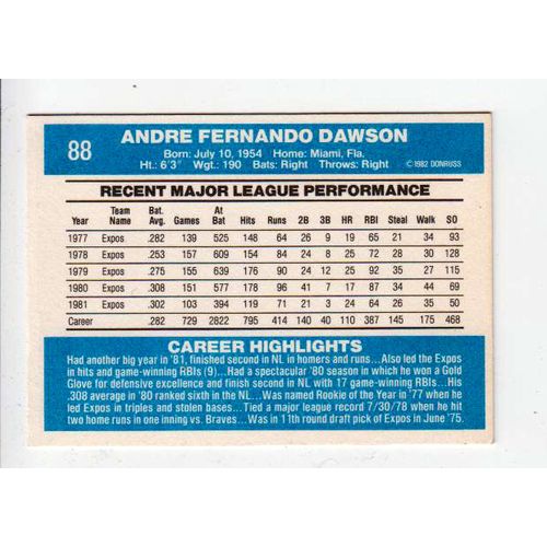 1982 Donruss Andre Dawson baseball card #88-NM-HOF- Expos