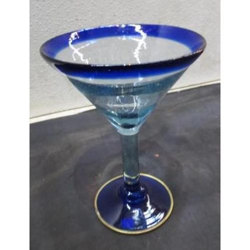 7" Blue Martini Glass margarita cocktail cobalt gold trim base mexico handblown