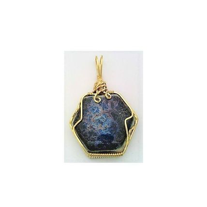 Blue Glaze Porcelain Brass Wire Wrap Pendant 2