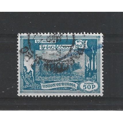 Burma.SG146 50p Ploughing paddy field with oxen (Blue).Fine Used.Jul25e