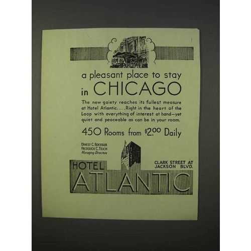 1934 Hotel Atlantic Ad - Pleasant Place Stay in Chicago