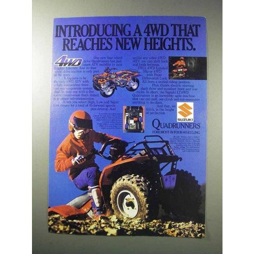 1986 Suzuki Quadrunner ATV Ad - 4WD Reaches New Heights