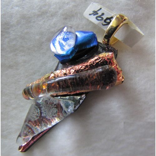 Blue/Rust Dichroic Fused Glass Dimensional Pendant, gold bail, id:g94
