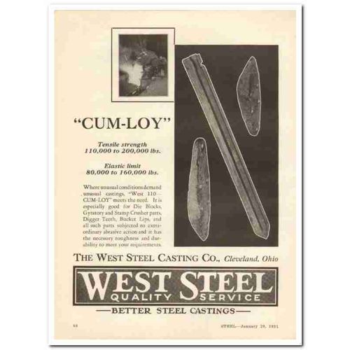 WEST STEEL CASTING COMPANY 1931 Cum-Loy tough durability vintage ad