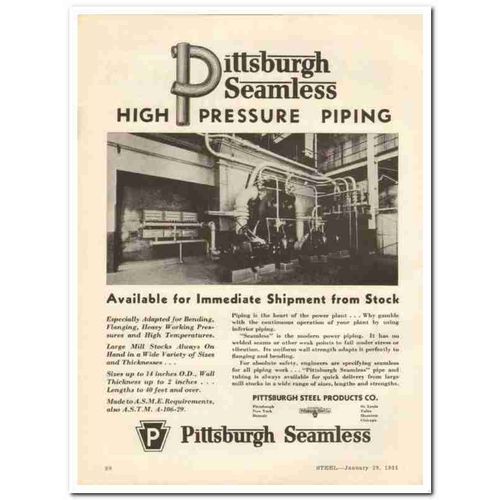 PITTSBURGH STEEL PRODUCTS COMPANY 1931 High pressure piping vintage ad