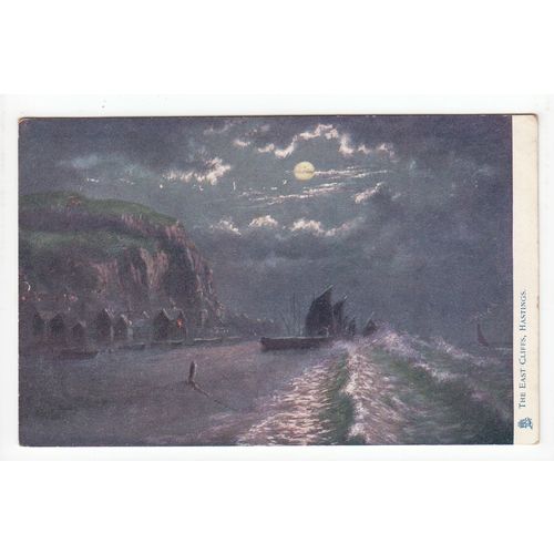 The East Cliffs Hastings Moonlight Oilette Postcard Art East Sussex