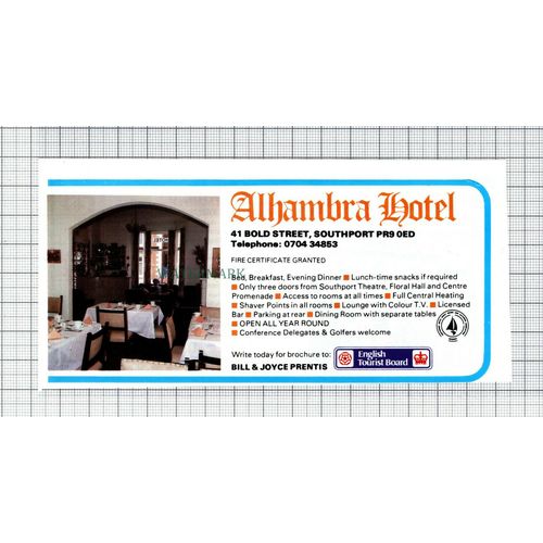 C7641) Alhambra Hotel Southport Bill Prentis / Shanda Lodge Packwood 1986 Advert